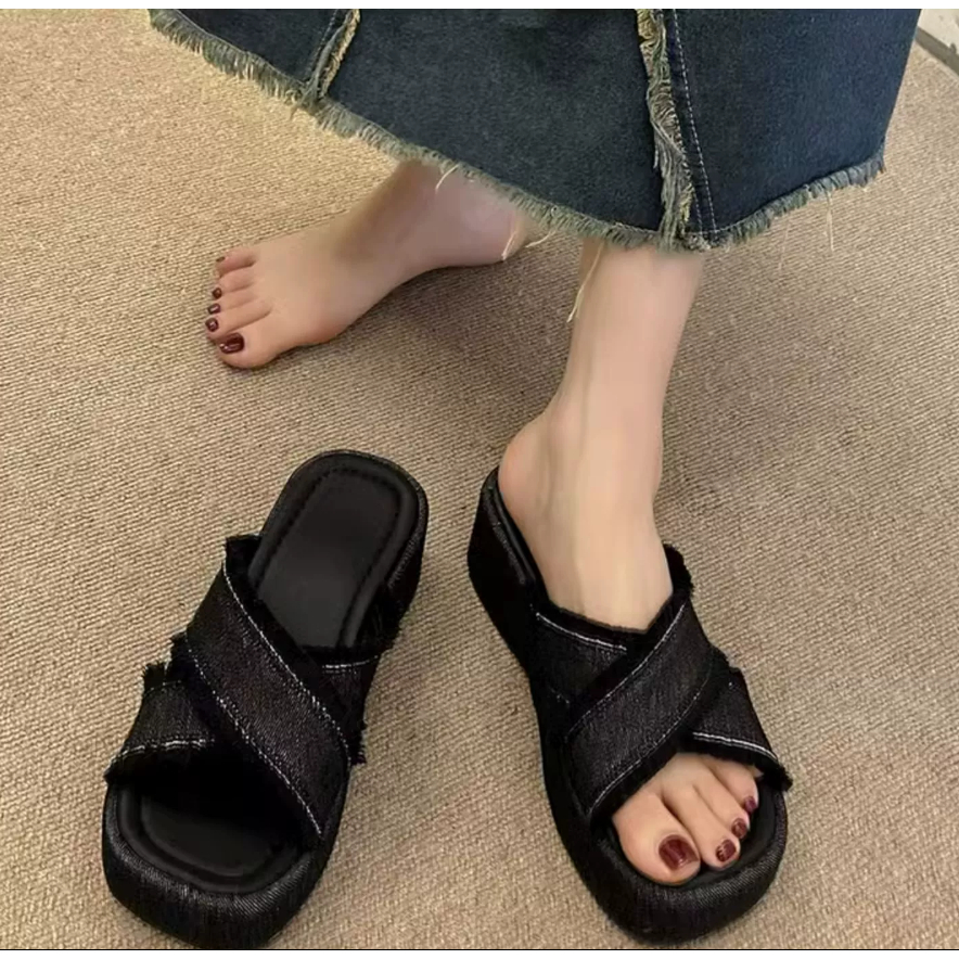 Dép lê đế dày denim nữ đi ngoài mùa hè năm 2023 mẫu mới