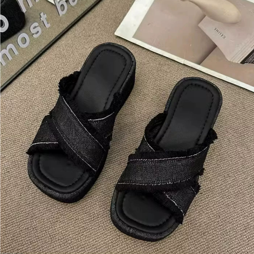 Dép lê đế dày denim nữ đi ngoài mùa hè năm 2023 mẫu mới