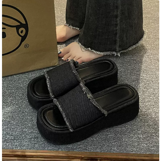 Dép lê đế dày denim nữ đi ngoài mùa hè năm 2023 mẫu mới