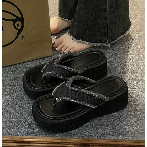 Dép lê đế dày denim nữ đi ngoài mùa hè năm 2023 mẫu mới