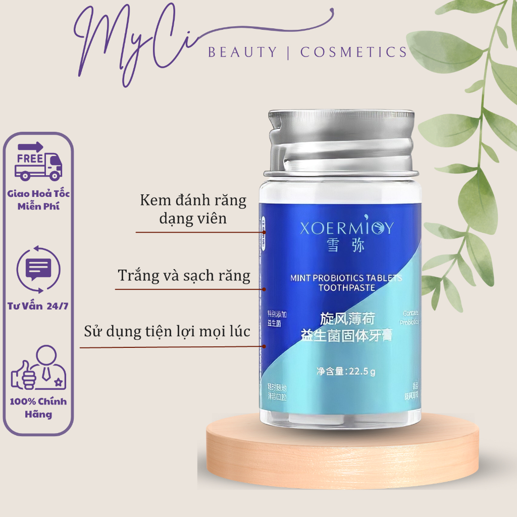 Kem đánh răng dạng viên nén. Kem đánh răng thơm lâu, sạch mảng bám, ngừa sâu răng. Hương trái cây và bạc hà