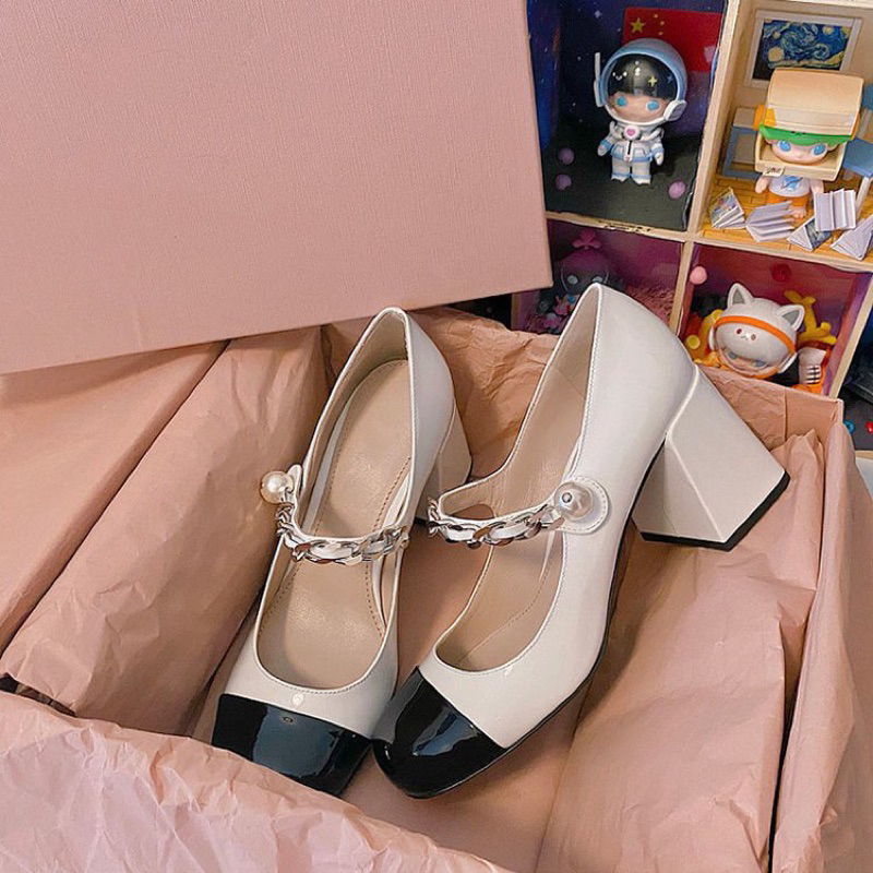 Giày cao gót MiuMiu quai xích loại dày êm  size 34-40 - Giày Mary Jane đen trắng hot trend 2023