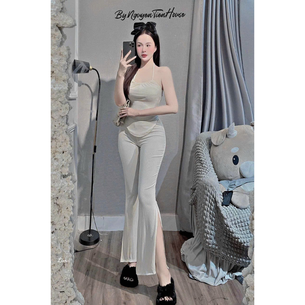 Set nữ thun gân 2 món áo yếm croptop mix quần loe dài xẽ tà xinh xắn