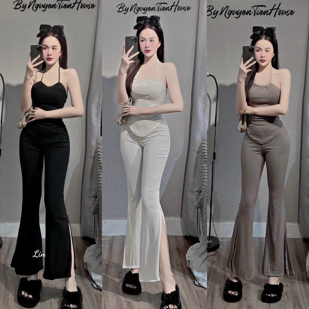 Set nữ thun gân 2 món áo yếm croptop mix quần loe dài xẽ tà xinh xắn