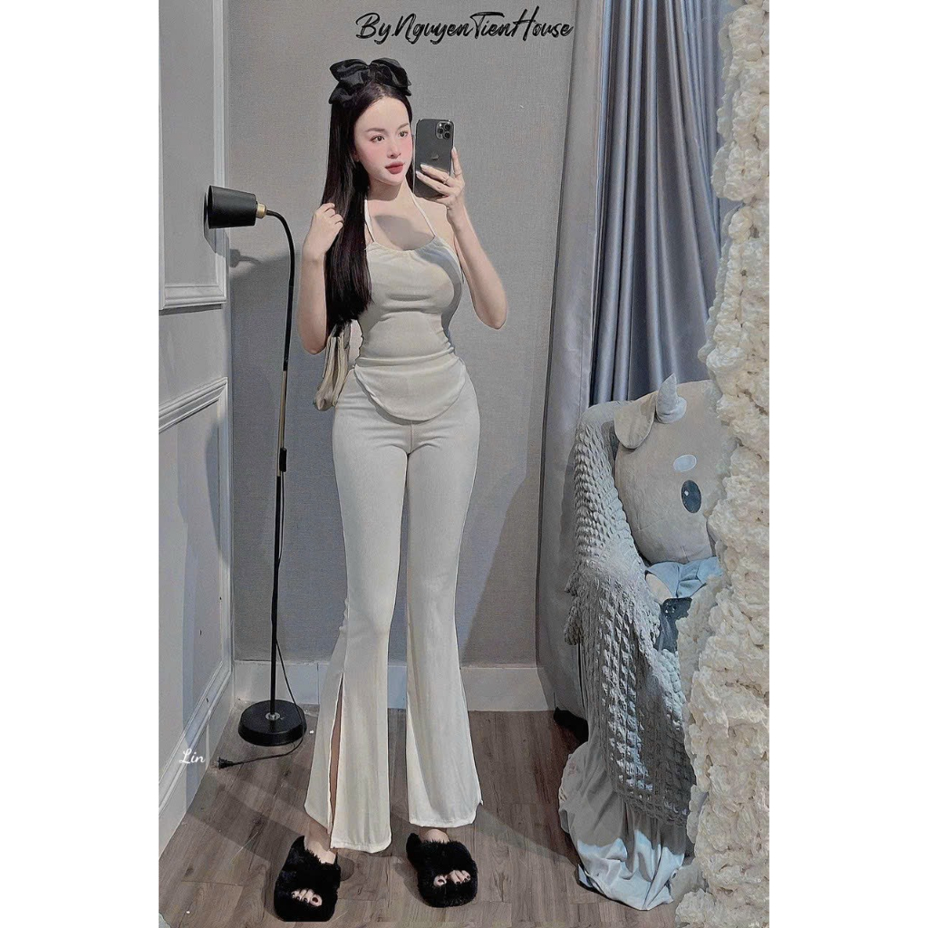 Set nữ thun gân 2 món áo yếm croptop mix quần loe dài xẽ tà xinh xắn