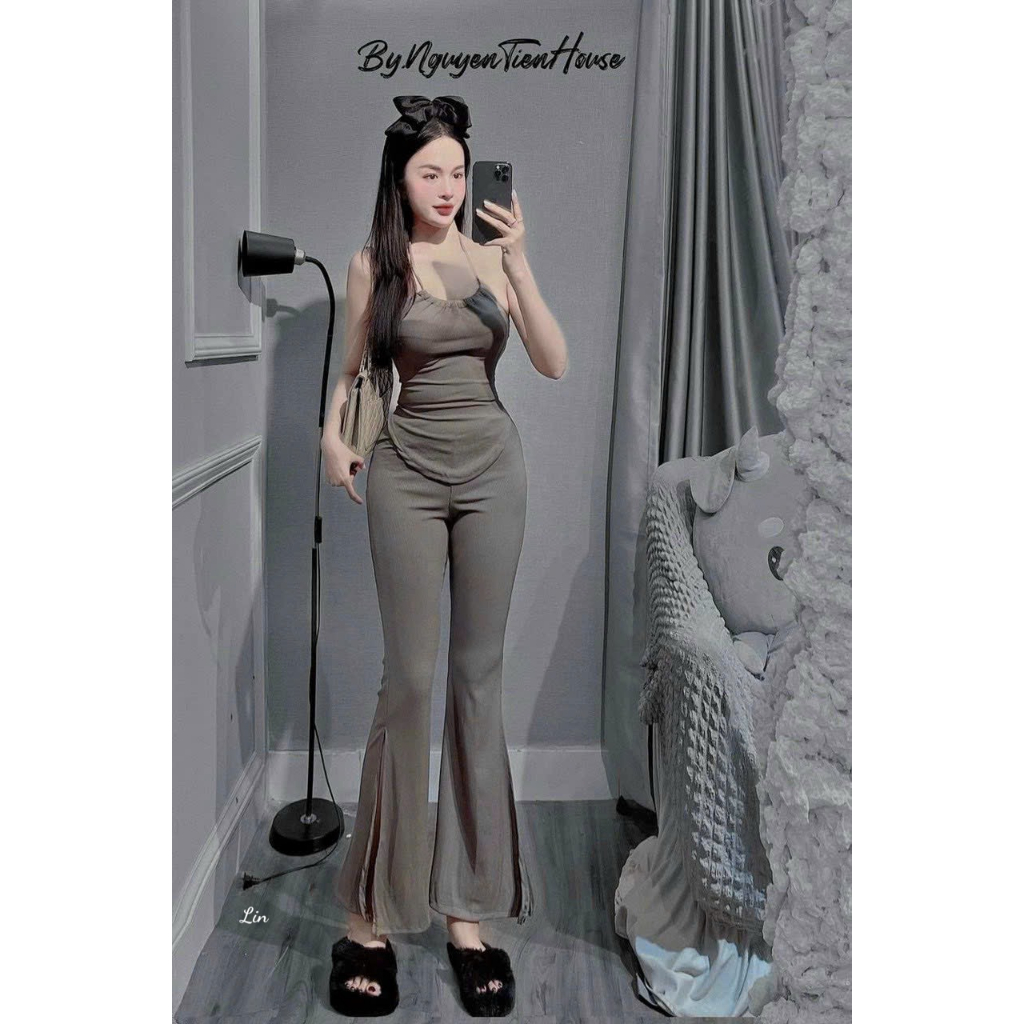 Set nữ thun gân 2 món áo yếm croptop mix quần loe dài xẽ tà xinh xắn