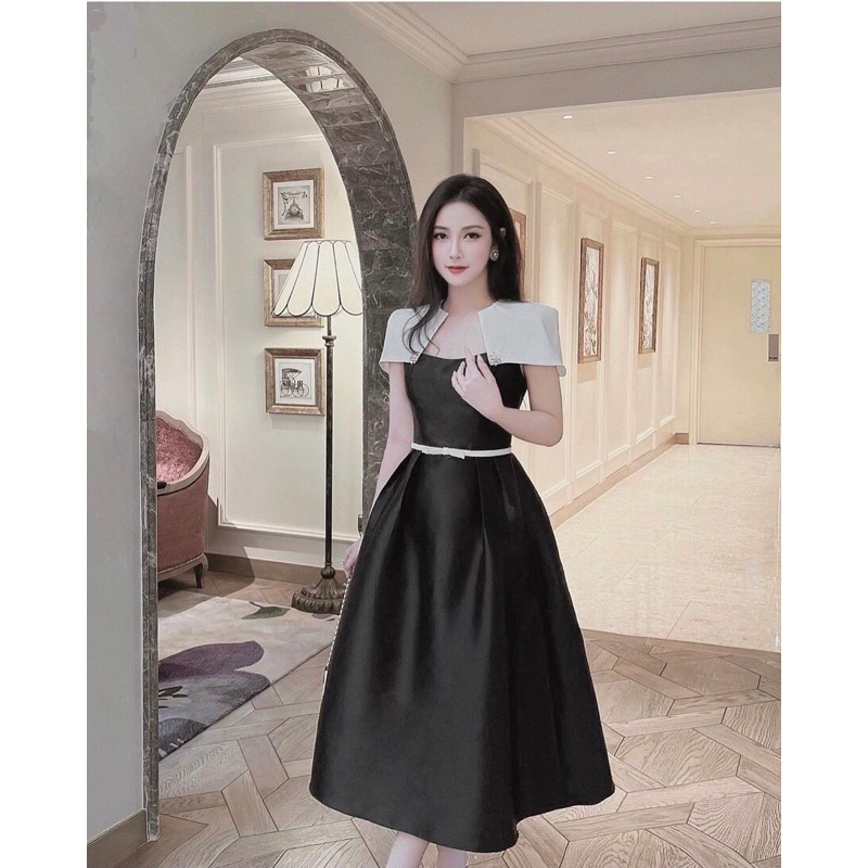 ĐẦM TAFTA ĐEN XOÈ PHỒNG KÈM TAG ĐÁ