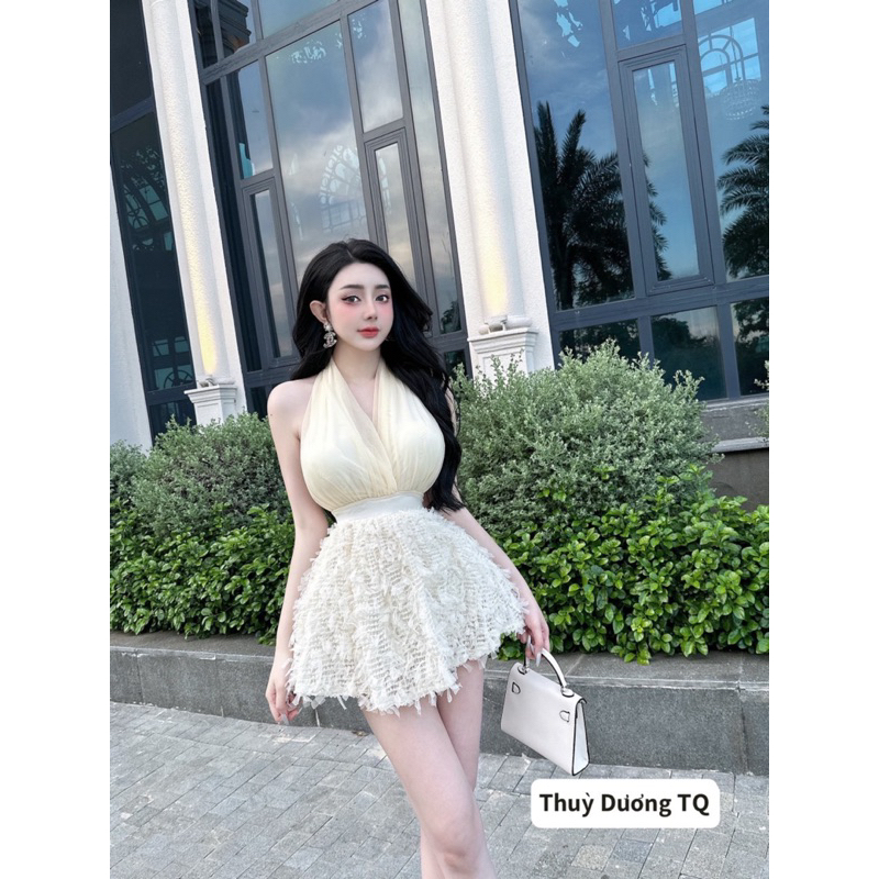 Đầm đi tiệc phối ren chân bồng kèm tag