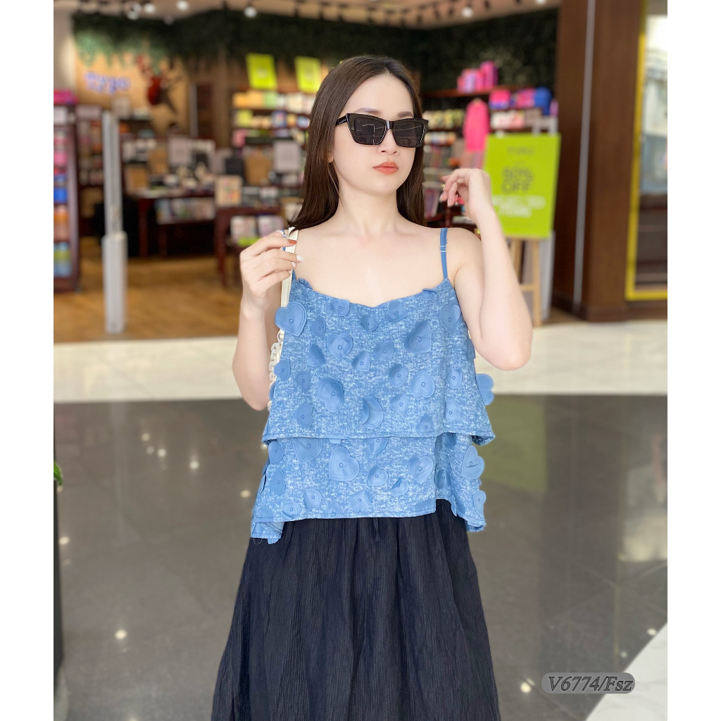 Áo Jeans 2 Dây Nữ Đính Trái Tim Phối 2 Tầng Phong Cách Tiểu Thư (V6774) - Taco Fashion