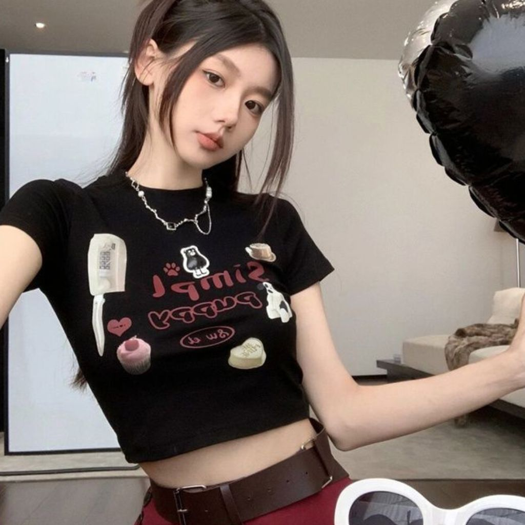 Áo croptop nữ tay ngắn cổ tròn với chất thun cotton dày dặn thiết kế áo ôm body,in hoạ tiết nhí cực xinh Nquin Store