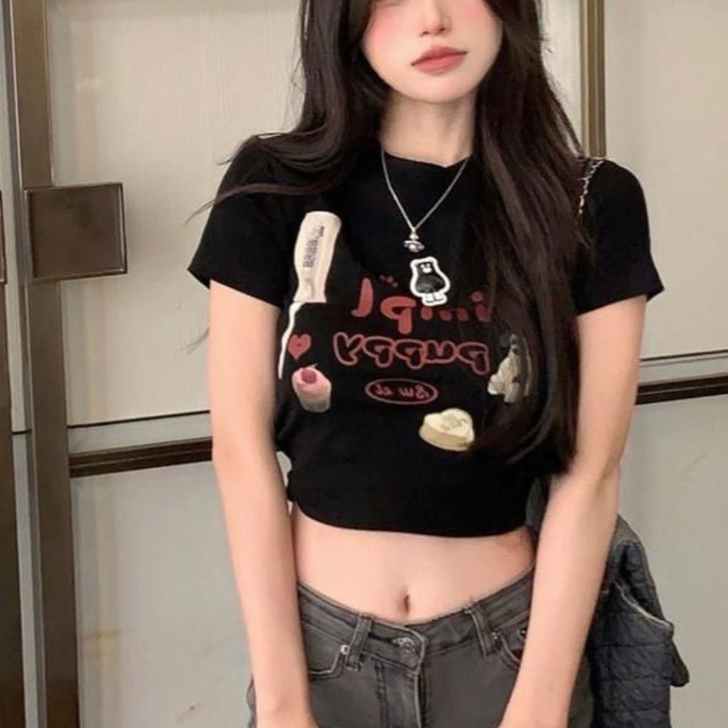 Áo croptop nữ tay ngắn cổ tròn với chất thun cotton dày dặn thiết kế áo ôm body,in hoạ tiết nhí cực xinh Nquin Store