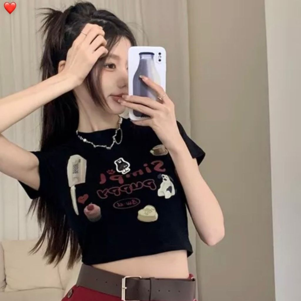 Áo croptop nữ tay ngắn cổ tròn với chất thun cotton dày dặn thiết kế áo ôm body,in hoạ tiết nhí cực xinh Nquin Store