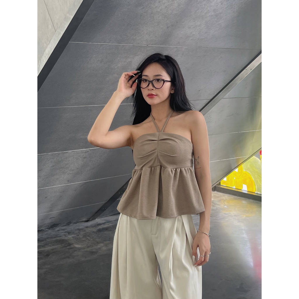 Áo quây cổ yếm peplum EMIX, áo thun nữ kèm mút ngực khoá sườn, freesize dưới 55kg 2251