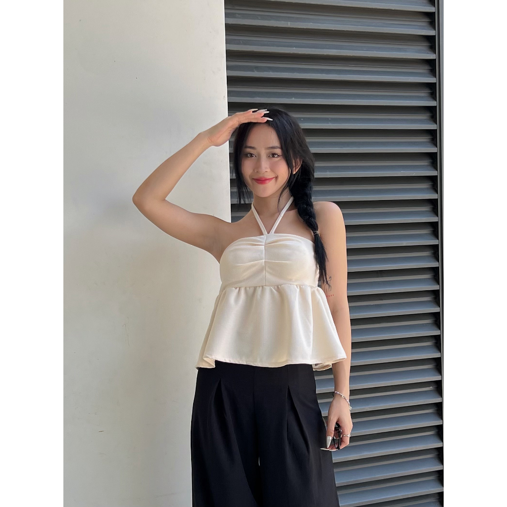 Áo quây cổ yếm peplum EMIX, áo thun nữ kèm mút ngực khoá sườn, freesize dưới 55kg 2251