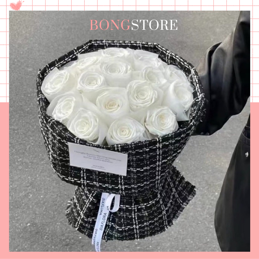 Bó hoa sáp 7 lớp màu trắng giống thật gói vải dạ tweed phong cách ullzang 10-20 bông
