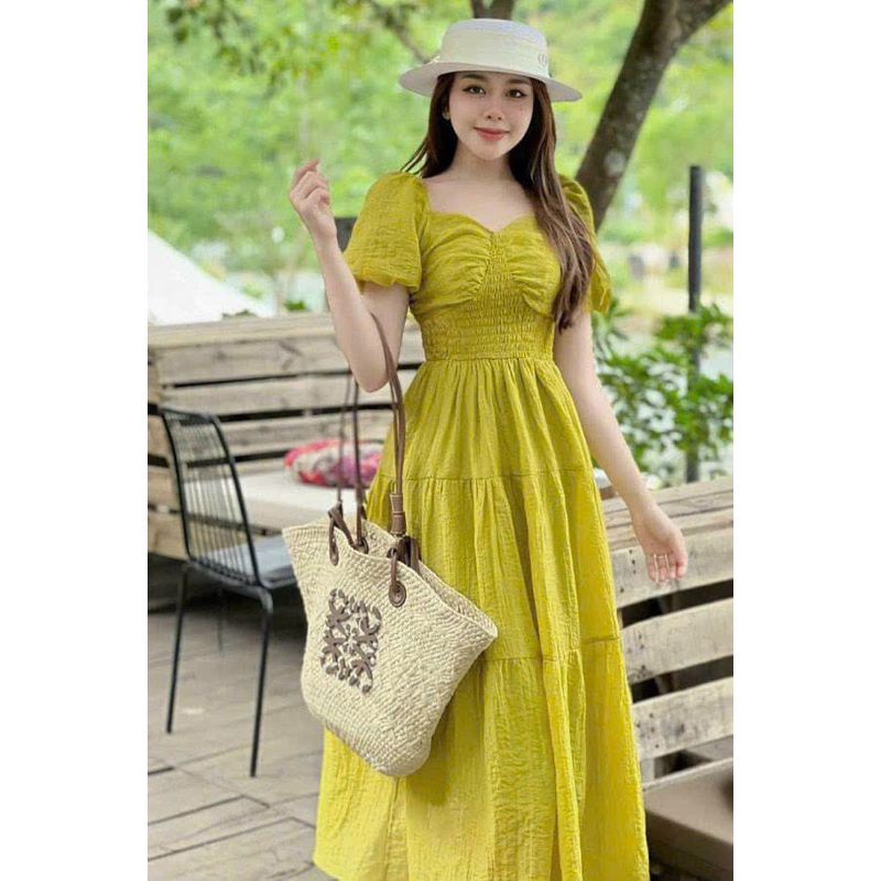 Đầm thời trang nữ mặc đi chơi chất Lụa 100D cổ vuông tay búp nhún eo maxi nhiều màu dễ thương đi biển mát mẻ du lịch