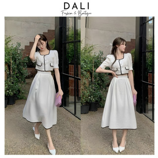 Set 2 Món Áo Croptop Cúc Ngọc Cổ Vuông + Chân Váy Dáng Dài 2 Lớp, Set Váy Bo Viền Vân Xốp Sang Chảnh