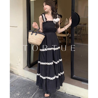 [Sẵn] V219 Đầm váy dài hai dây đen viền ren tiểu thư nhẹ nhàng mùa hè phong cách Pháp Retro Vintage Taobao mới 2023