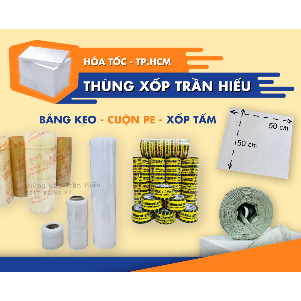 Băng keo các loại, màng PE, xốp chống sốc, dây nilong đóng gói hàng giá tốt