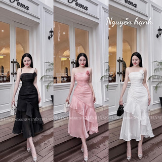 Đầm dáng xoè hai dây tơ bèo đính hoa ngực Datasco