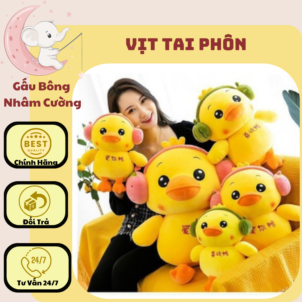 Gấu Bông Vịt Vàng Đeo Tai Nghe , Gối Ôm Đồ Chơi Vịt Ngộ Nghĩnh Đáng Yêu Siêu Hot Đủ Size 35Cm-50Cm-60Cm