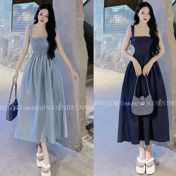 Đầm váy nữ hai dây nhún ngực mix dáng váy suông dài dành cho các tình yêu đi chơi, hẹn hò siêu xinh, nhệ nhàng.