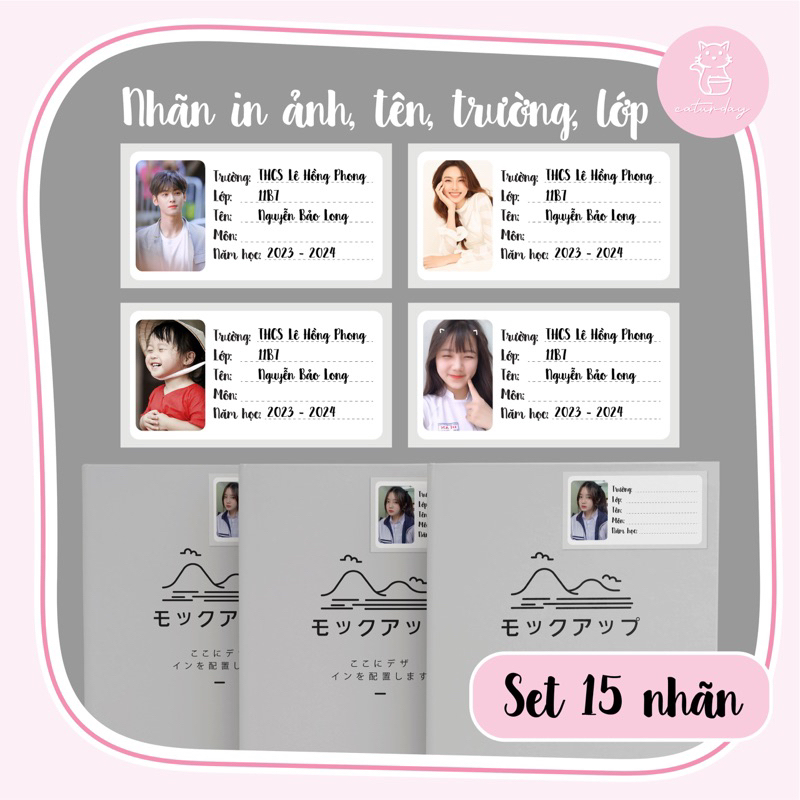 Set 15 nhãn vở in ảnh, tên, trường, lớp theo yêu cầu_Siêu hot - Basic