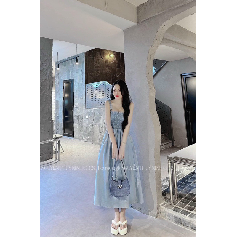 Đầm 2 dây thời trang nữ mặc đi chơi mocking thân chất vải jean dáng váy dài xoè 2 màu y hình