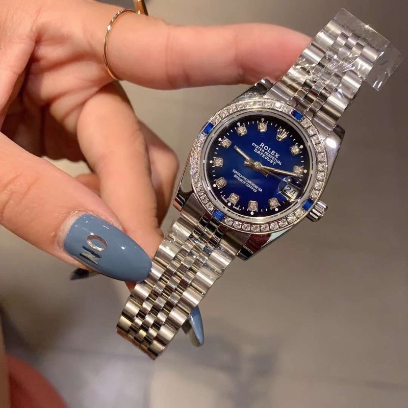 Đồng hồ Rolex máy cơ automatic viền đá mặt xanh dây thép