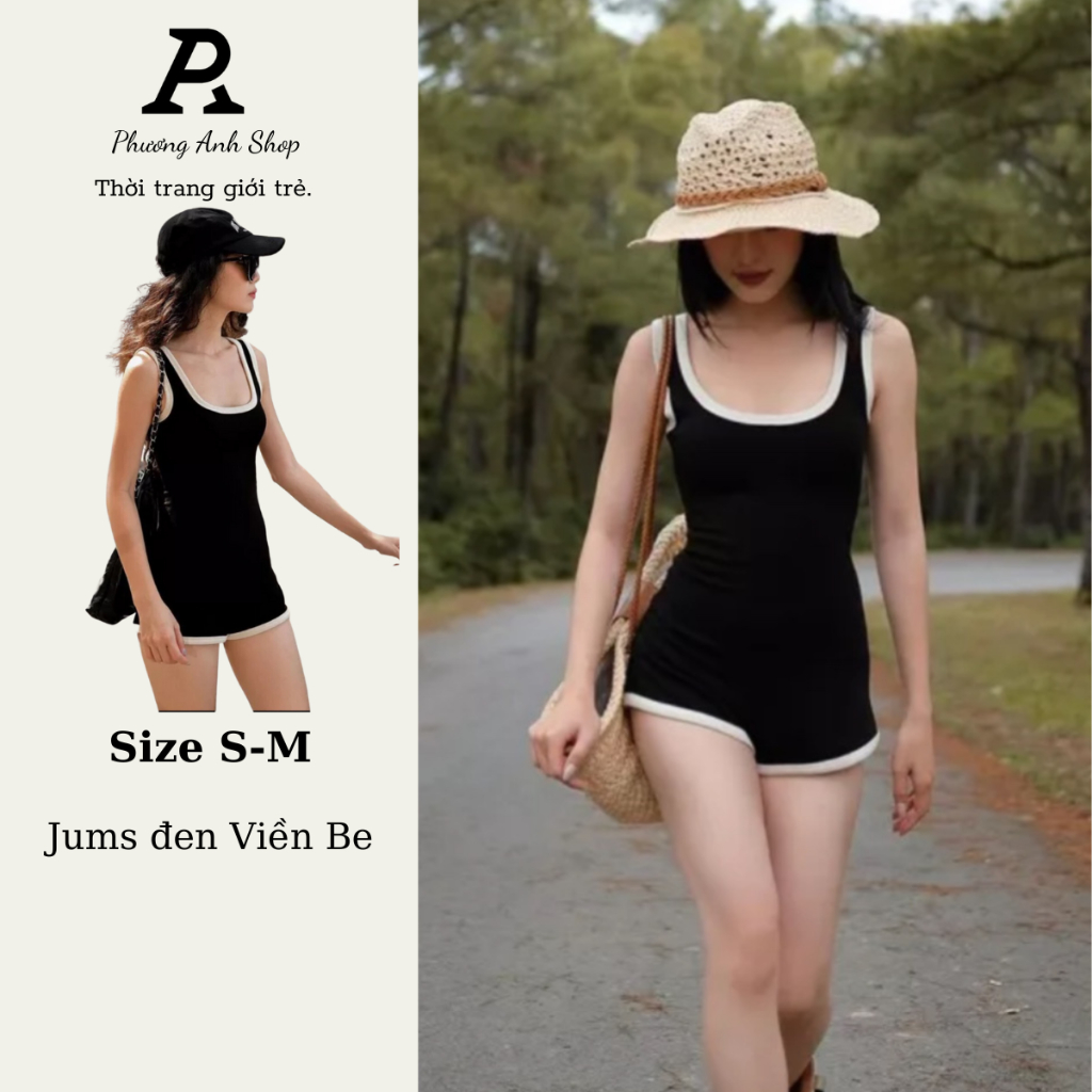 Set đi biển Body Suit, đen viền be basic dễ mặc, vải thun gân cao cấp,Body Jumpsuit, Body Suit (kèm ảnh thật)-S232