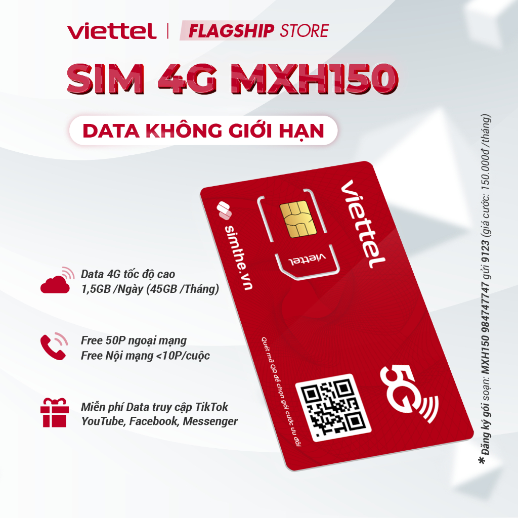 Sim Viettel MXH100 - MXH120 - MXH150 1,5GB/Ngày(45GB/Tháng) FREE Ngoại Mạng+Nội Mạng KHÔNG GIỚI HẠN Data TikTok,YouTu,FB