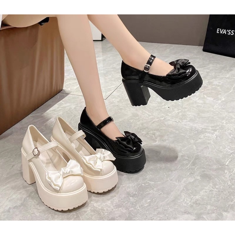 Giày lotita gót trụ to phối nơ siêu xinh