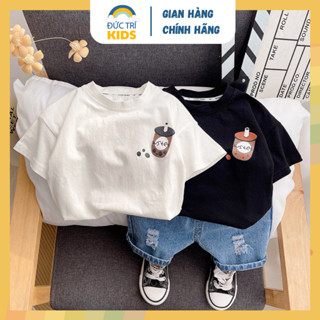 Bộ đồ bé trai áo thun cổ tròn TS ngắn tay Cotton trà sữa, quần Jean short lửng thời trang trẻ em 1-7 tuổi (9-24kg)