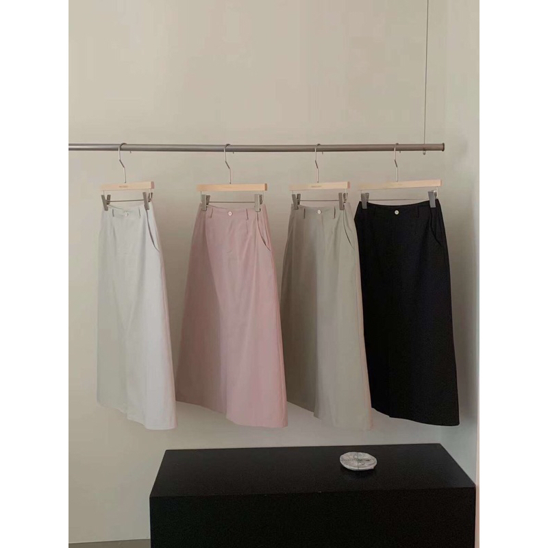 Chân váy kaki midi dài pastel xẻ trước cạp cao W231