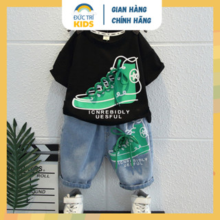 Set đồ bé trai áo thun tay ngắn cổ tròn SN Cotton hình sneaker, quần bò Jean ngắn lửng trẻ em 1-7 tuổi (9-24kg)