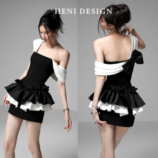 Luna dress | váy 2 dây bản to cách điệu trễ vai đính nơ phối bèo bên hông | heni design, váy trễ vai,váy kỷ yếu,váy prom