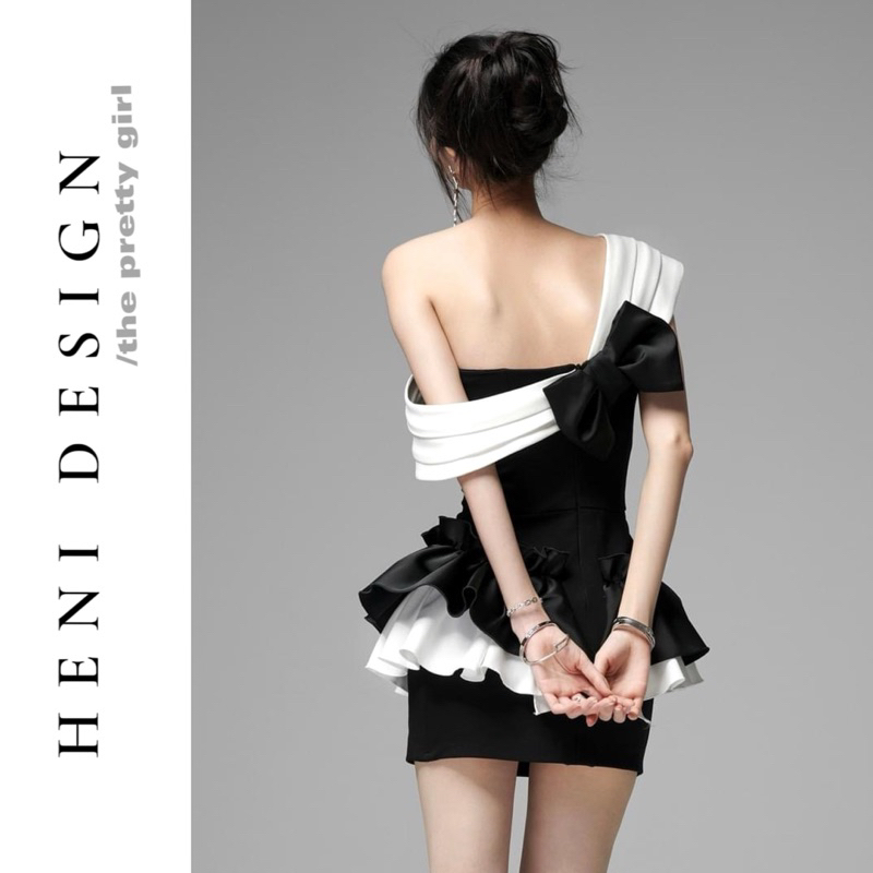 LUNA DRESS | Váy 2 Dây Bản To Cách Điệu Trễ Vai Đính Nơ Phối Bèo Bên Hông | Heni Design, Váy Trễ Vai,váy kỷ yếu,váy prom