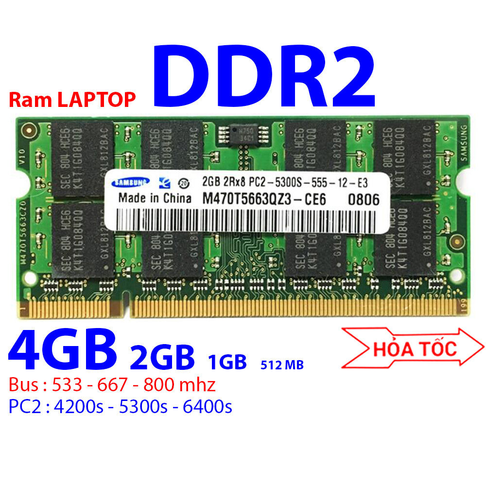 Ram laptop ddr2 4gb 2gb 1gb 512mb bus 533 667 800mhz chuẩn ddram pc2 5300s 6400s loại 2Rx8 16 chip hàng bóc máy