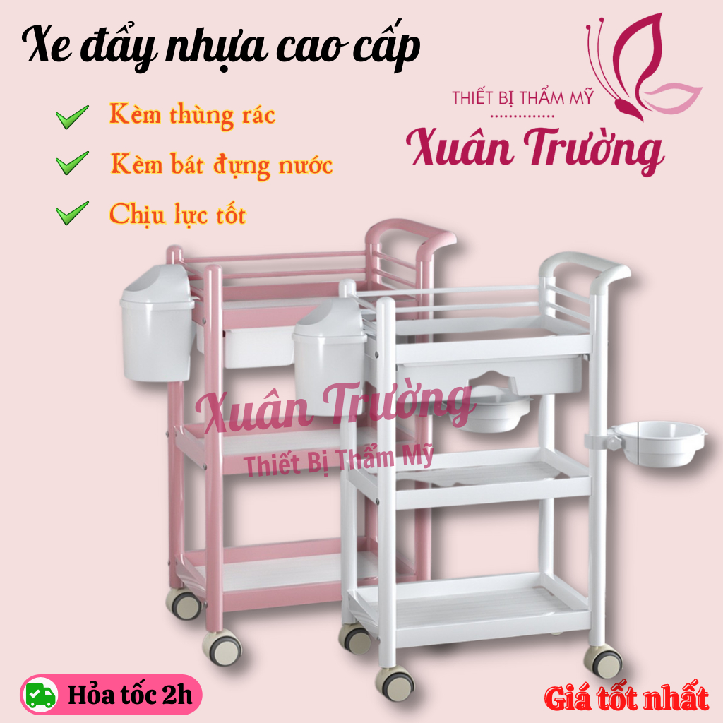 Xe đẩy nhựa 3 tầng có thùng rác | Kệ nhựa 3 tầng cao cấp | Kệ để đồ spa