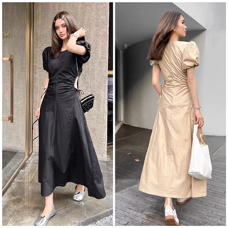 Đầm váy dáng dài khoét eo tay bồng 2 màu kem đen sang chảnh