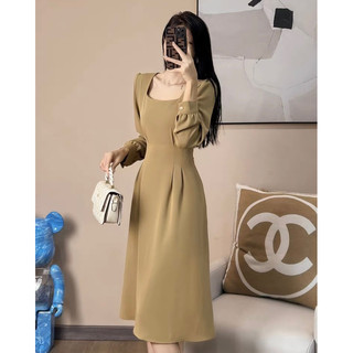 Đầm váy kem cổ vuông tay dài công sở dạo phố