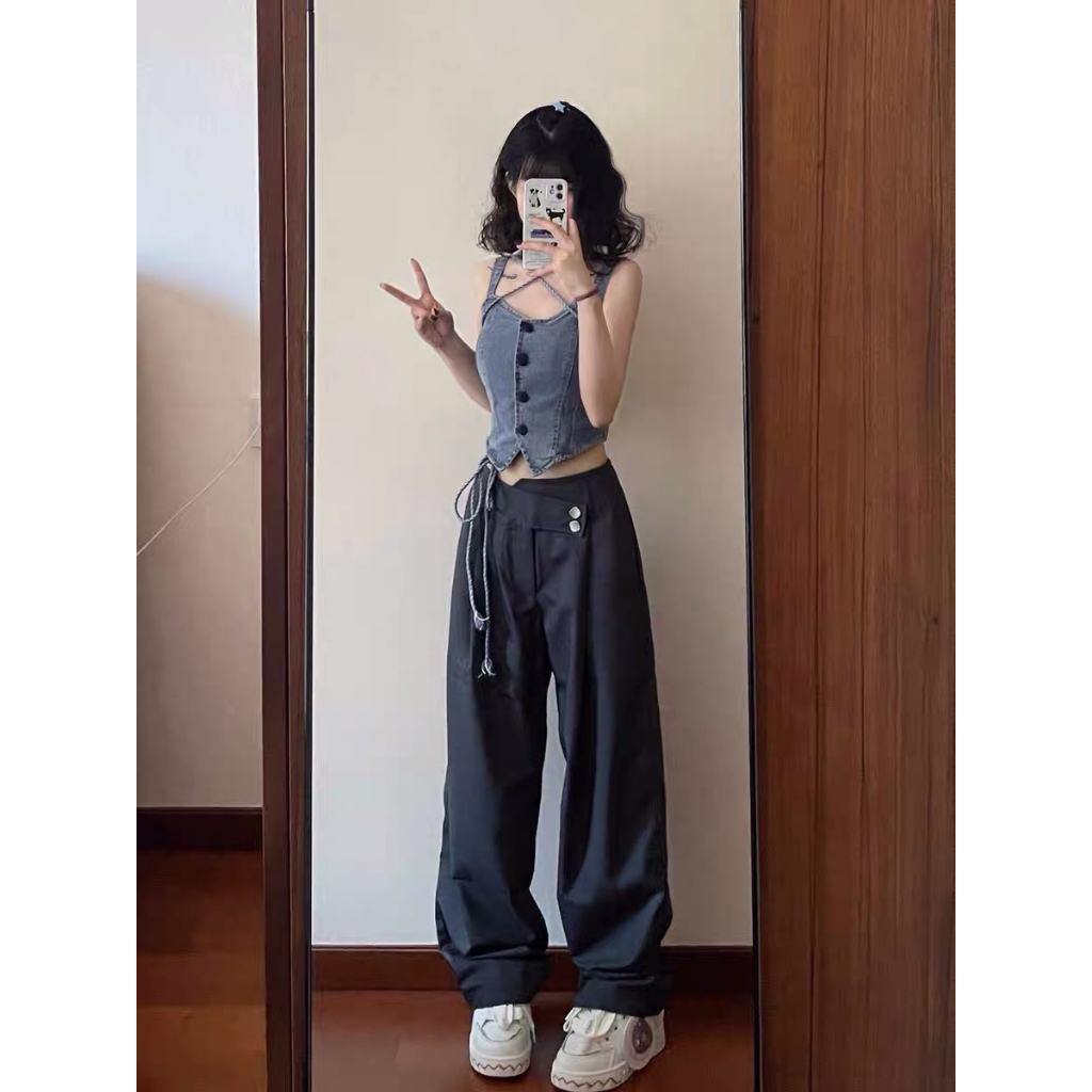 - (MUA Ở GIỎ LIVE ĐỂ ÁP MÃ) Quà tặng sinh nhật,bạn gái,cho nữ,tết Áo jeans hai dây/ Quần tây mỏng nút xéo