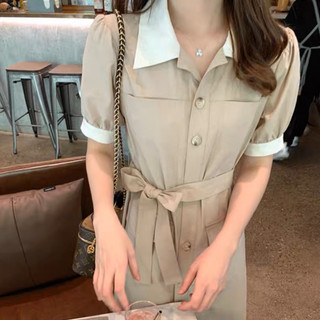 Đầm váy kem cổ trắng thắt eo công sở
