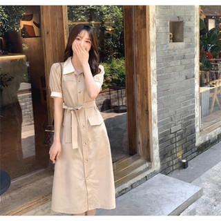 Đầm váy kem cổ trắng thắt eo công sở
