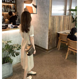 Đầm váy kem cổ trắng thắt eo công sở