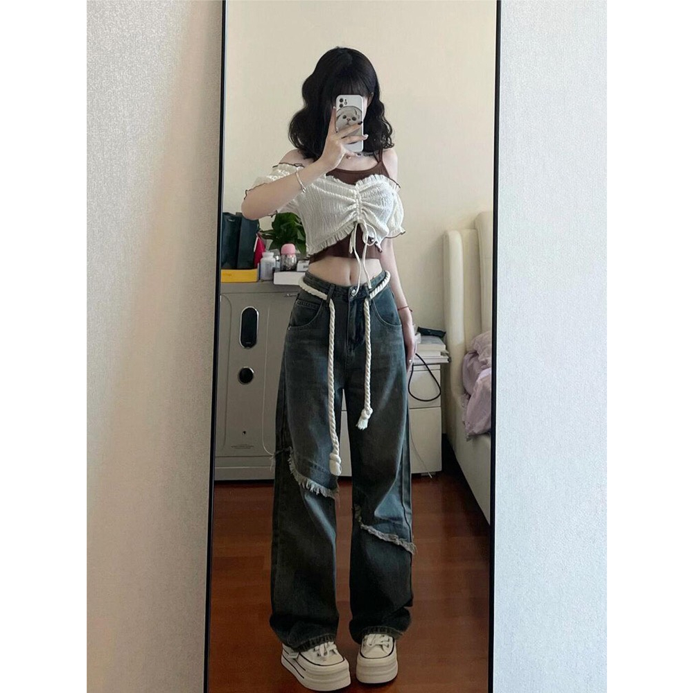- (MUA Ở GIỎ LIVE ĐỂ ÁP MÃ) Quà tặng sinh nhật,bạn gái,cho nữ,tết Áo croptop rút dây ngực/ Quần jeans tua