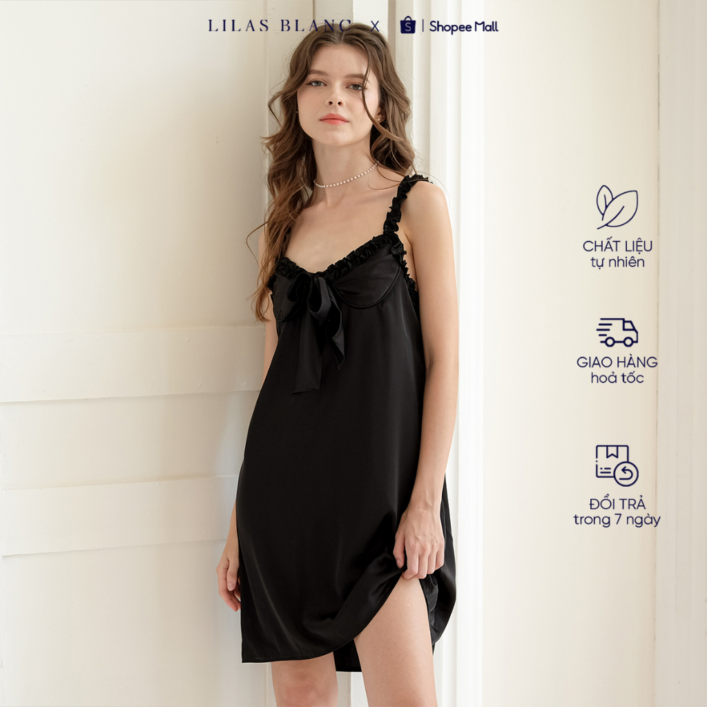 Váy Ngủ Hai Dây Nữ Mặc Nhà Chất Liệu Lụa Màu Đen Thiết Kế Cúp Ngực Black Lola Dress LILAS BLANC