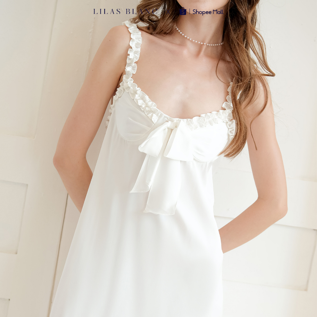 Váy Ngủ Hai Dây Nữ Mặc Nhà Chất Liệu Lụa Màu Trắng Thiết Kế Cúp Ngực White Lola Dress LILAS BLANC