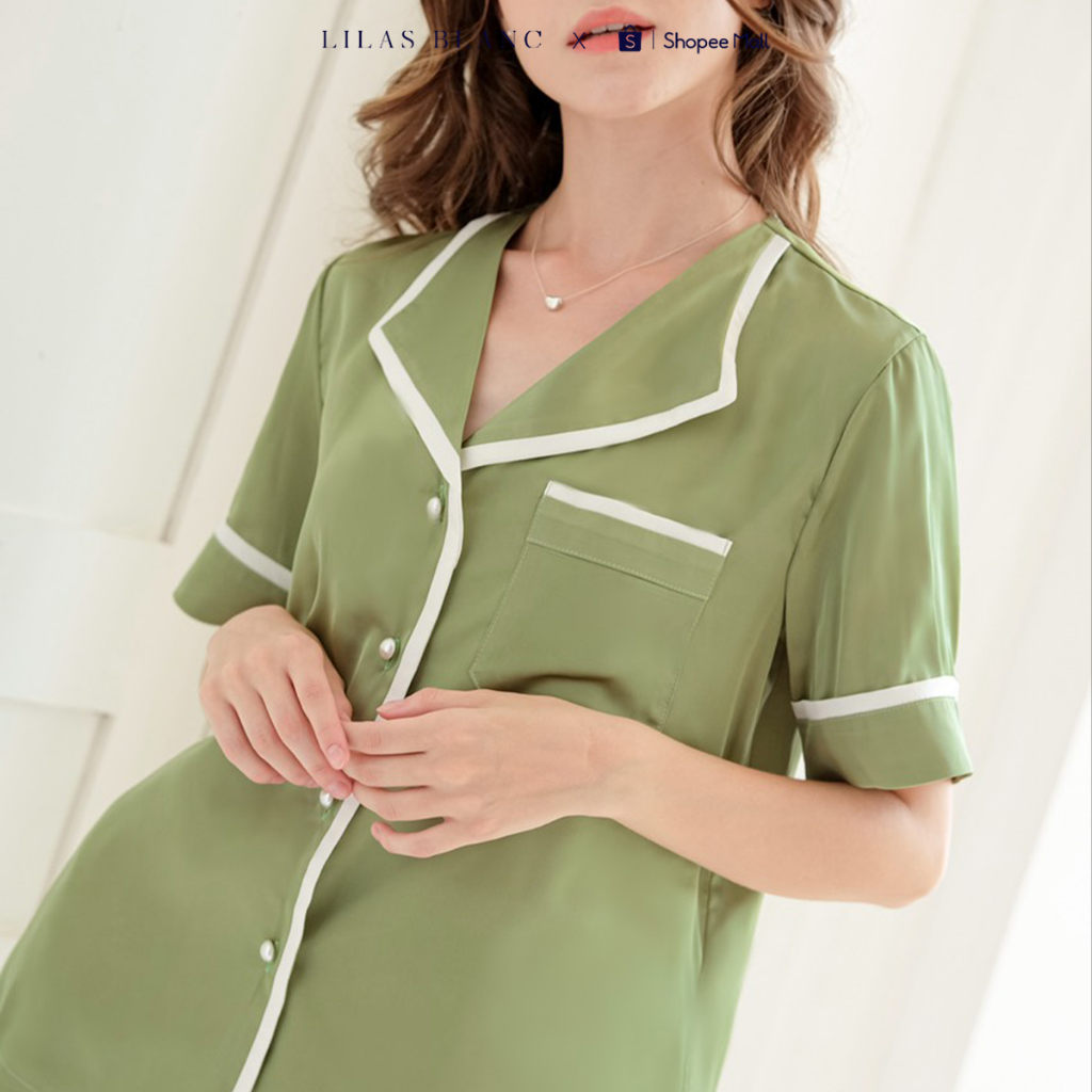 Bộ Pyjamas Mặc Nhà Áo Cộc Quần Cộc Chất Liệu Lụa Màu Xanh Matcha Summer LILAS BLANC