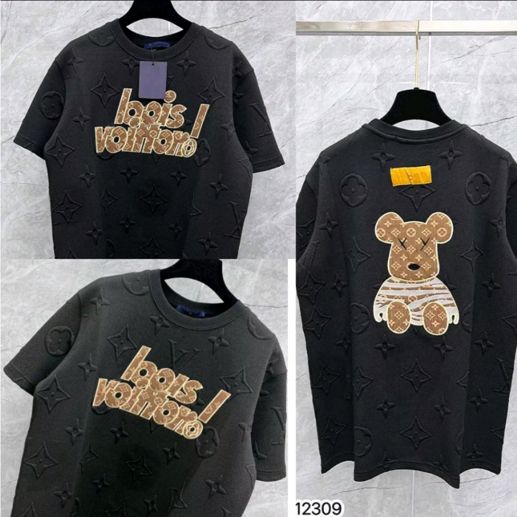 Áo thun nam nữ Dio.r vải cotton vân nổi logo thêu gấu cao cấp - Áo phông nam nữ Dio.r vân nổi thêu gấu